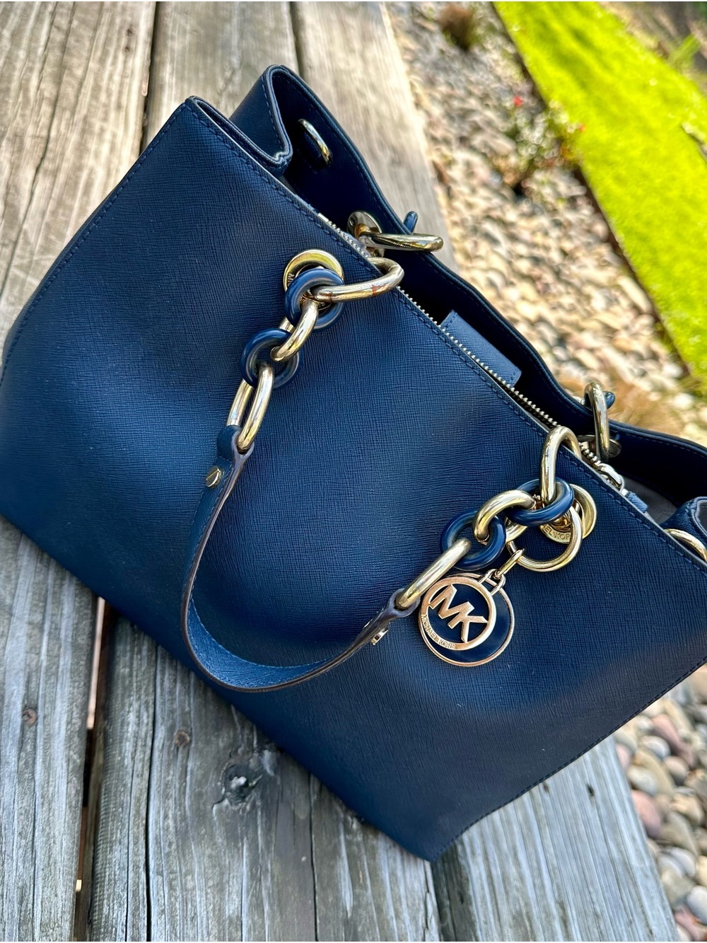 Michael Kors Navy Saffiano Shoulder Tote with Gold Hardware